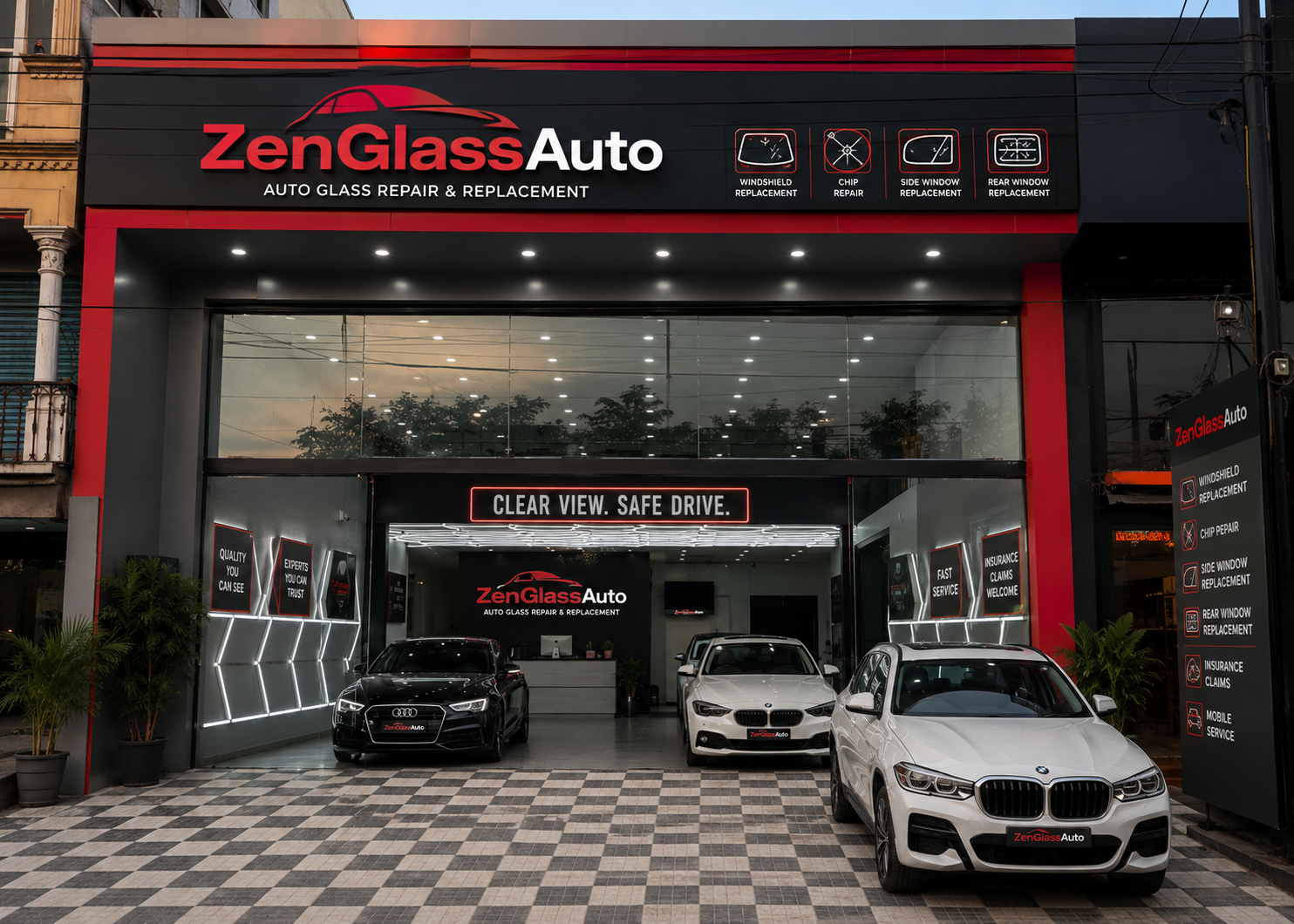 Modern ZenGlassAuto auto glass repair and replacement shop featuring a premium storefront, large glass facade, professional branding, customer reception area, and service bays for windshield replacement, chip repair, and vehicle glass replacement.