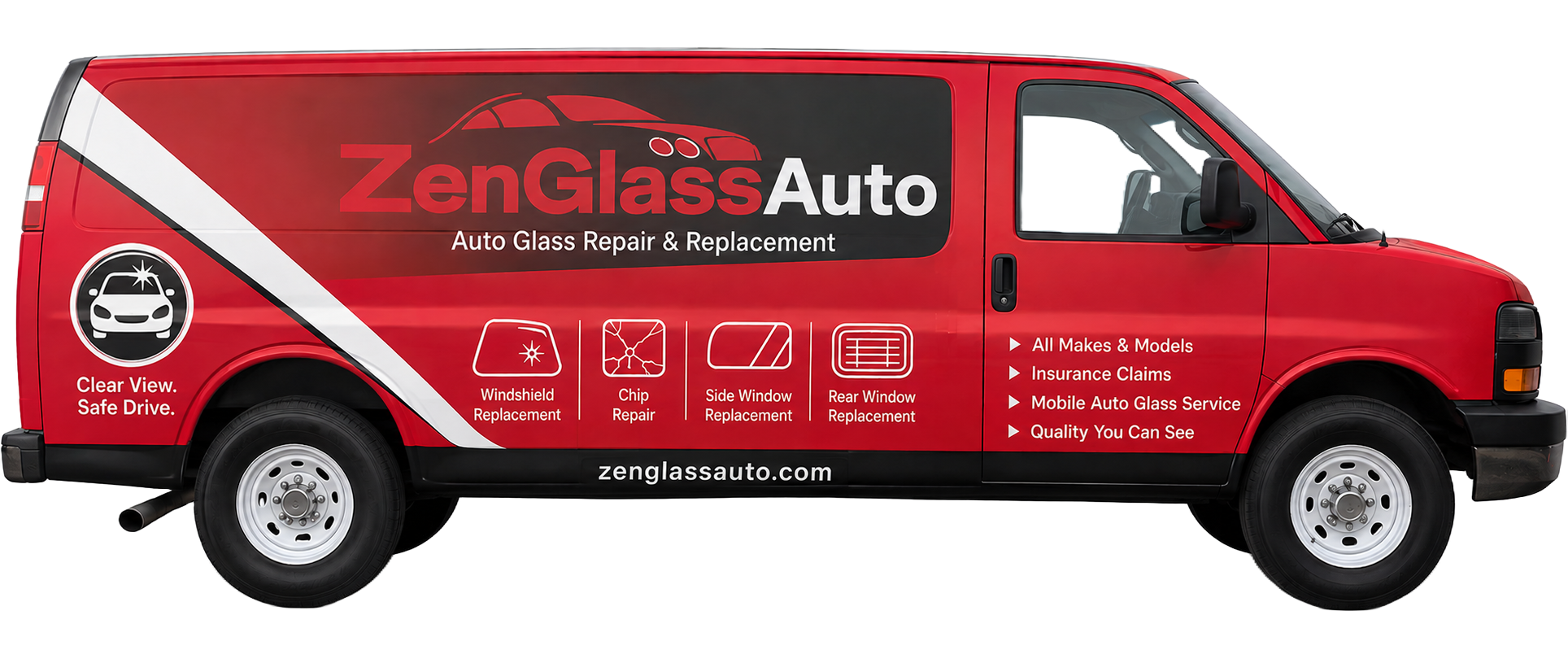 Red ZenGlassAuto mobile auto glass repair and replacement service van with professional vehicle wrap branding, featuring windshield replacement, chip repair, side window replacement, rear window replacement, insurance claims assistance, and mobile auto glass services.
